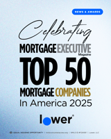 Celebratory graphic announcing Lower as a Top 50 Mortgage Company in America for 2025 by Mortgage Executive Magazine