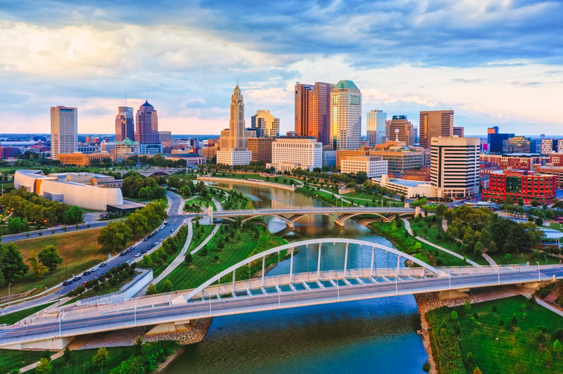 Aerial view of downtown Columbus, Ohio, the Scioto River and the Main Street Bridge