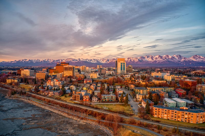 Aerial view of downtown Anchorage, Alaska at sunset in spring