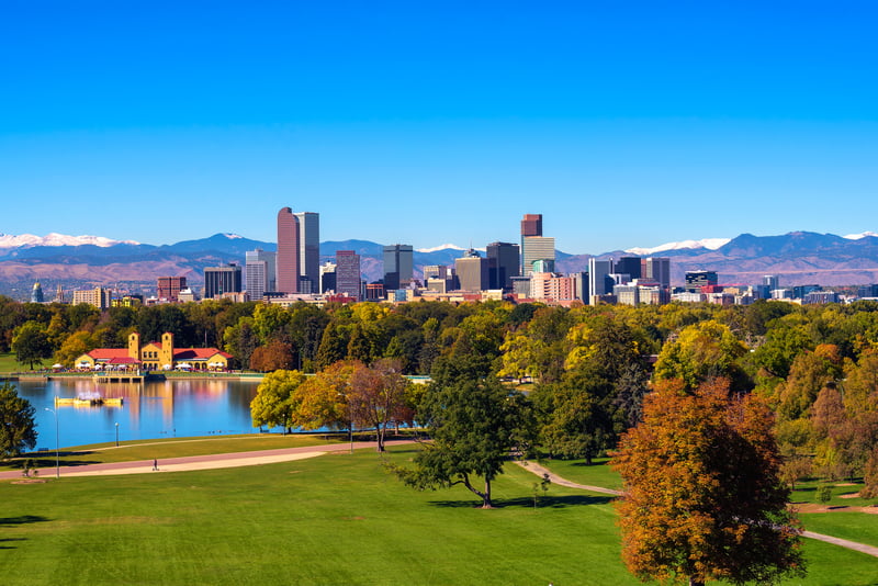 Downtown Denver, Colorado skyline with the Rocky Mountains in the background