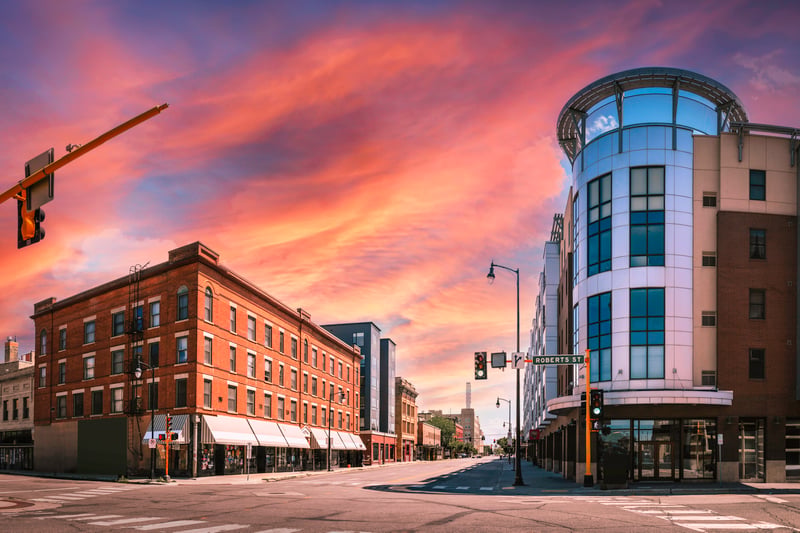 Downtown Fargo, North Dakota with modern and historic buildings