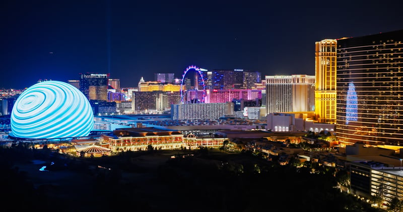 Aerial view of hotels and entertainment venues in Las Vegas, Nevada at night