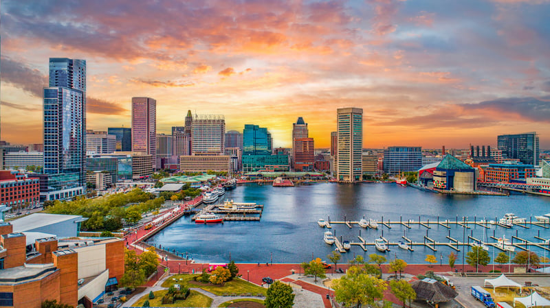 Aerial view of the downtown Baltimore, Maryland skyline
