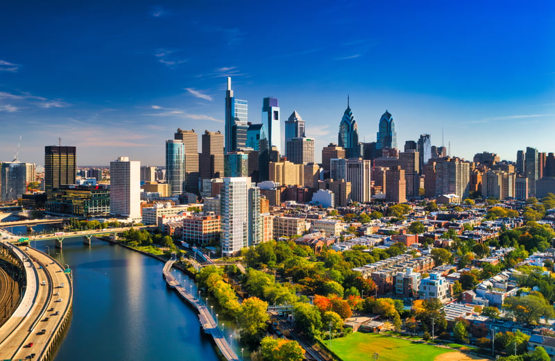 Aerial view of the Philadelphia, Pennsylvania skyline and river