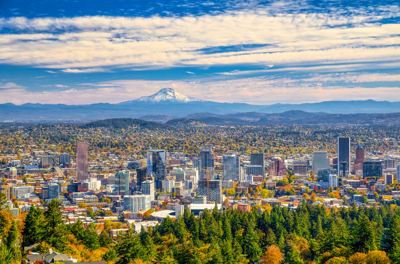 Aerial view of the Portland, Oregon skyline with Mount Hood in autumn