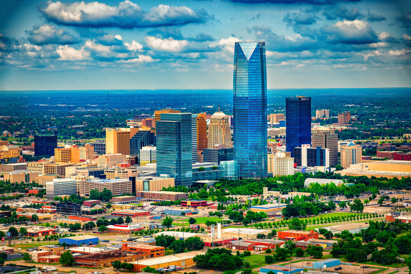 Aerial view of the downtown Oklahoma City, Oklahoma skyline