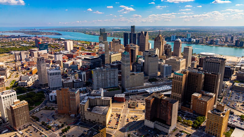 Aerial view of downtown Detroit, Michigan and the Detroit River