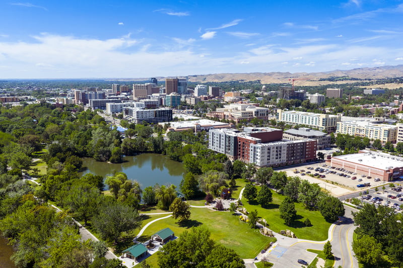 Aerial view of downtown Boise, Idaho and its tree-lined green space