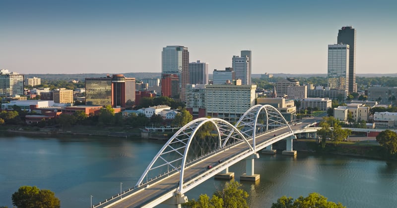 Aerial view of downtown Little Rock, Arkansas and a bridge over the Arkansas River
