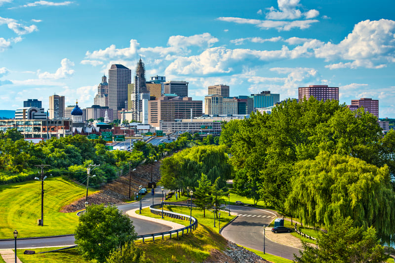 Downtown Hartford, Connecticut skyline on a sunny day