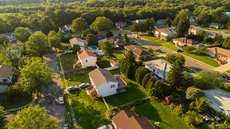 Homes in small town America as seen from above.