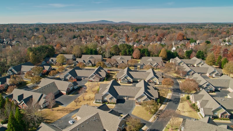 A neighborhood of fourplexes seen from above.