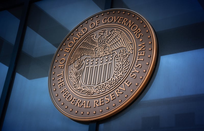 The Federal Reserve seal seen on a building.