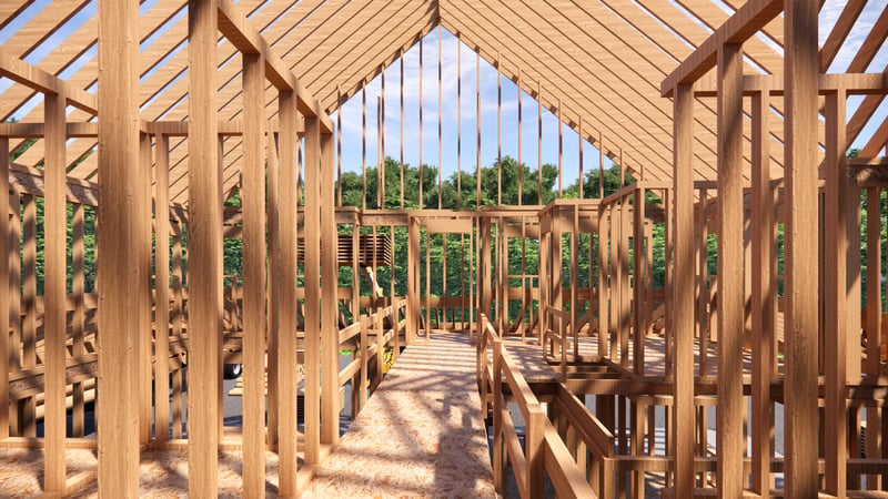 The wooden frame of a home being built with a VA construction loan.