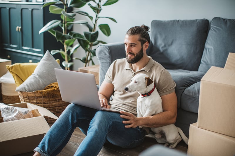 A man and a dog look at a laptop while surrounded by moving boxes.