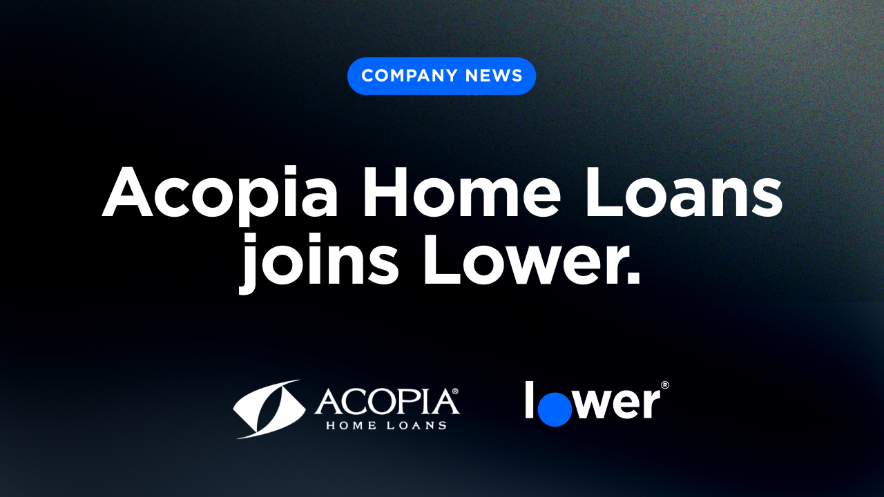 Graphic announcing company news: 'Lower Acquires Acopia Home Loans, Expanding Presence Across the Southeast.' The image features the logos of Lower and Acopia Home Loans displayed below the headline on a dark, gradient background.  