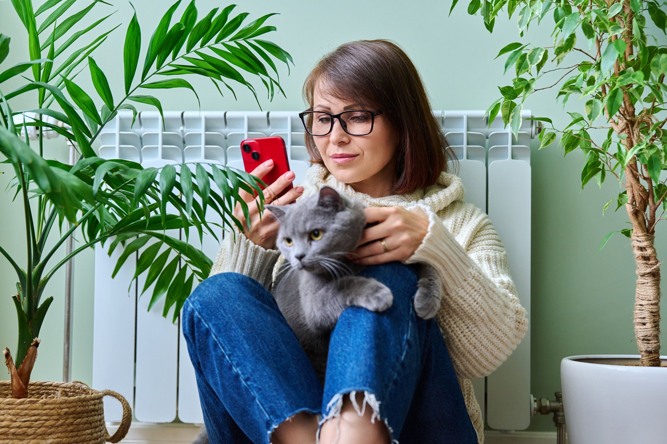 A woman smiles at a phone while holding a grey shorthair cat.